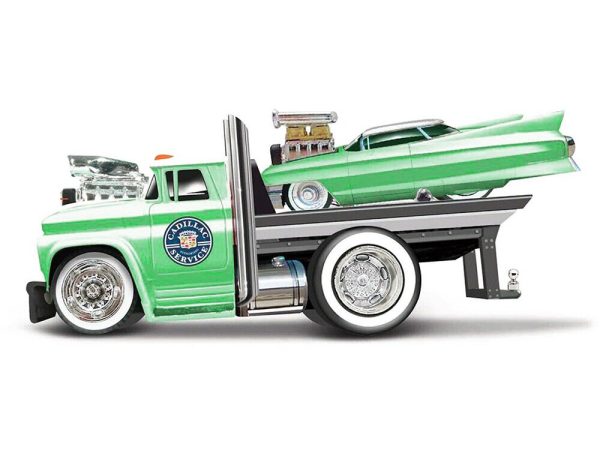 1966 Chevrolet C60 Flatbed Truck Green Metallic with White Top "Cadillac Service" and 1961 Cadillac Coupe Green Metallic with White Top "Muscle Transports" Series 1/64 Diecast Models by Muscle Machines - Image 2