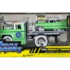 1966 Chevrolet C60 Flatbed Truck Green Metallic with White Top "Cadillac Service" and 1961 Cadillac Coupe Green Metallic with White Top "Muscle Transports" Series 1/64 Diecast Models by Muscle Machines