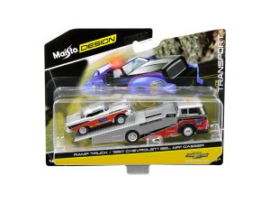 1957 Chevrolet Bel Air Gasser #786 Silver and Red with Ramp Tow Truck "Elite Transport" 1/64 Diecast Models by Maisto