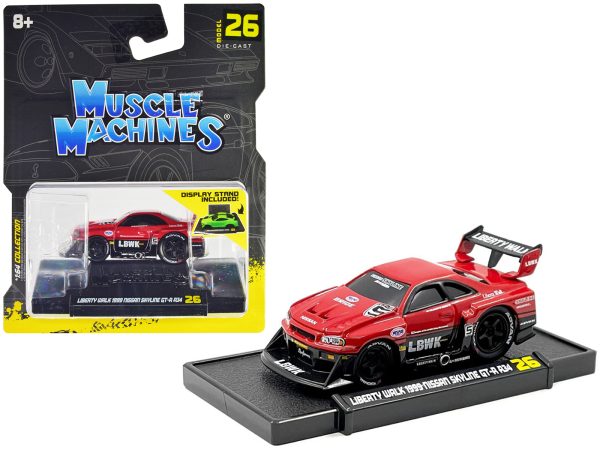 1999 Nissan Skyline GT-R (R34) #5 "Liberty Walk" Red and Black 1/64 Diecast Model Car by Muscle Machines - Image 2