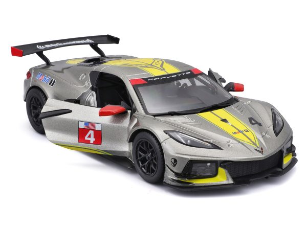 2020 Chevrolet Corvette C8.R #4 Silver Metallic with Yellow Stripes "Race" Series 1/24 Diecast Model Car by Bburago - Image 3