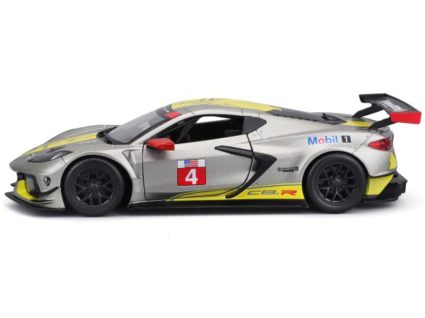 2020 Chevrolet Corvette C8.R #4 Silver Metallic with Yellow Stripes "Race" Series 1/24 Diecast Model Car by Bburago - Image 2