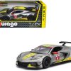 2020 Chevrolet Corvette C8.R #4 Silver Metallic with Yellow Stripes "Race" Series 1/24 Diecast Model Car by Bburago - Image 4