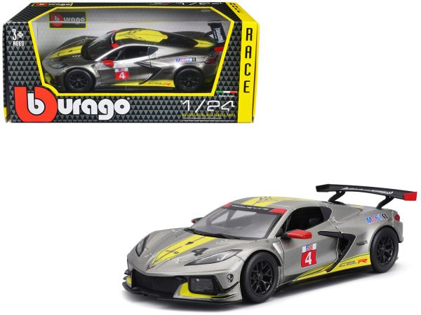 2020 Chevrolet Corvette C8.R #4 Silver Metallic with Yellow Stripes "Race" Series 1/24 Diecast Model Car by Bburago - Image 4