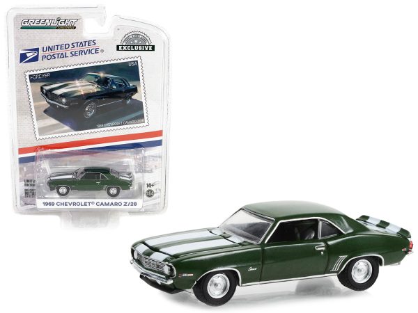 1969 Chevrolet Camaro Z/28 Green Metallic with White Stripes USPS (United States Postal Service) "2022 Pony Car Stamp Collection by Artist Tom Fritz" "Hobby Exclusive" Series 1/64 Diecast Model Car by Greenlight - Image 2
