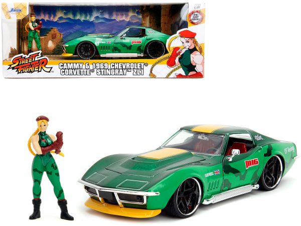 1969 Chevrolet Corvette Stingray ZL1 Green Metallic with Yellow Stripes and Cammy Diecast Figure "Street Fighter" Video Game "Anime Hollywood Rides" Series 1/24 Diecast Model Car by Jada - Image 5