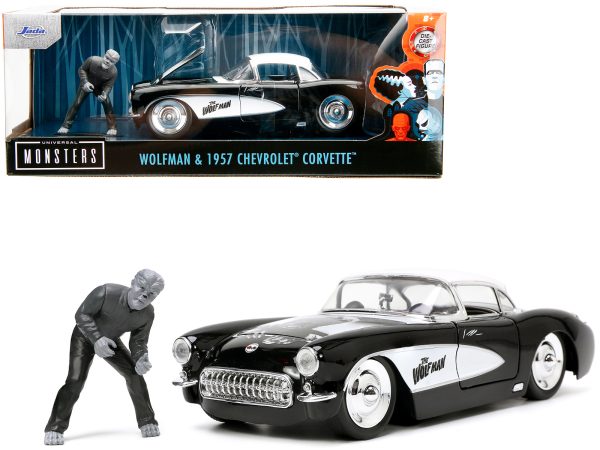 1957 Chevrolet Corvette Black with White Top and Wolfman Diecast Figure "Universal Monsters" "Hollywood Rides" Series 1/24 Diecast Model Car by Jada - Image 5