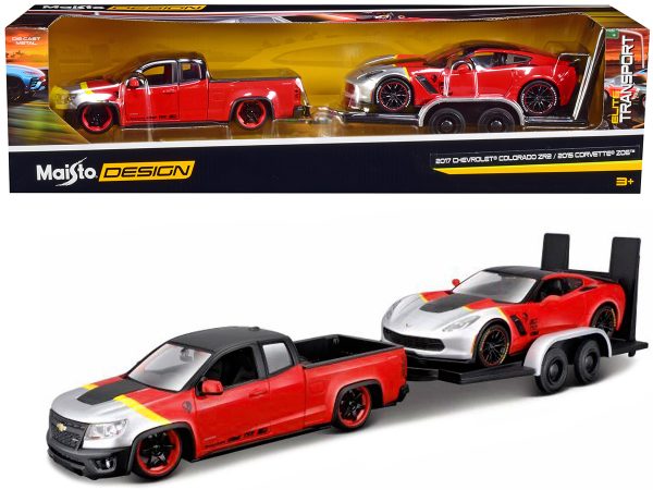 2017 Chevrolet Colorado ZR2 Pickup Truck Red and 2015 Chevrolet Corvette Z06 Red with Flatbed Trailer Set of 3 pieces "Elite Transport" Series 1/24 Diecast Model Cars by Maisto - Image 2