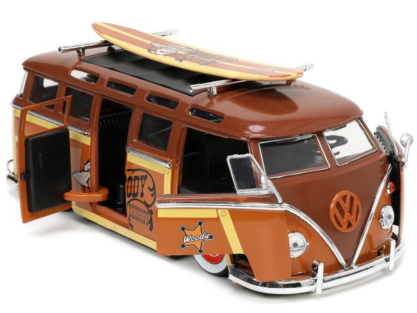 Volkswagen T1 Bus Brown with Graphics "Sheriff Woody" and Woody Diecast Figure and Surfboard "Toy Story" (1995) Movie "Hollywood Rides" Series 1/24 Diecast Model Car by Jada - Image 2