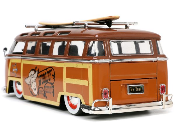 Volkswagen T1 Bus Brown with Graphics "Sheriff Woody" and Woody Diecast Figure and Surfboard "Toy Story" (1995) Movie "Hollywood Rides" Series 1/24 Diecast Model Car by Jada - Image 4