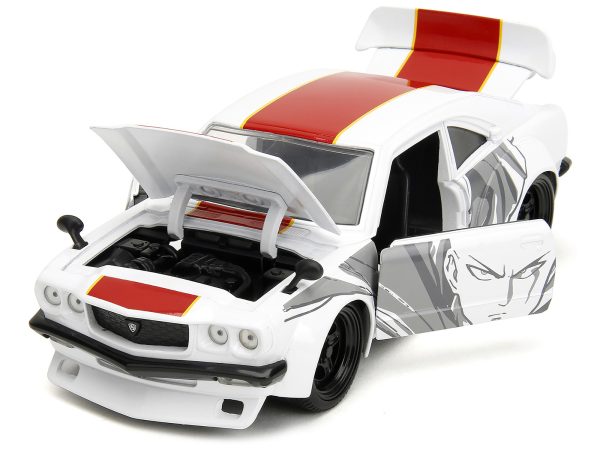1974 Mazda RX-3 White with Red Stripe and Graphics and Saitama Diecast Figure "One Punch Man" (2015-2019) TV Series 1/24 Diecast Model Car by Jada - Image 3