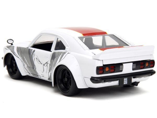 1974 Mazda RX-3 White with Red Stripe and Graphics and Saitama Diecast Figure "One Punch Man" (2015-2019) TV Series 1/24 Diecast Model Car by Jada - Image 2