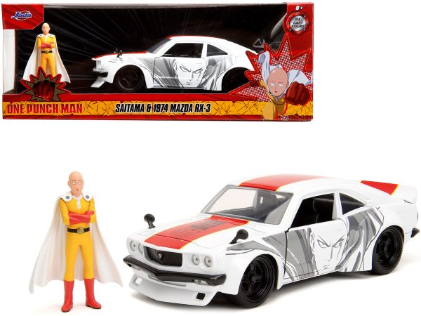 1974 Mazda RX-3 White with Red Stripe and Graphics and Saitama Diecast Figure "One Punch Man" (2015-2019) TV Series 1/24 Diecast Model Car by Jada - Image 5