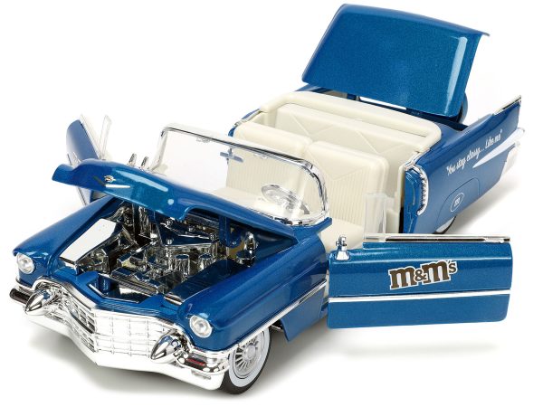 1956 Cadillac Eldorado Convertible Blue Metallic with Cream Interior "Stay Classy" and Blue M&M Diecast Figure "M&M's" "Hollywood Rides" Series 1/24 Diecast Model Car by Jada - Image 3