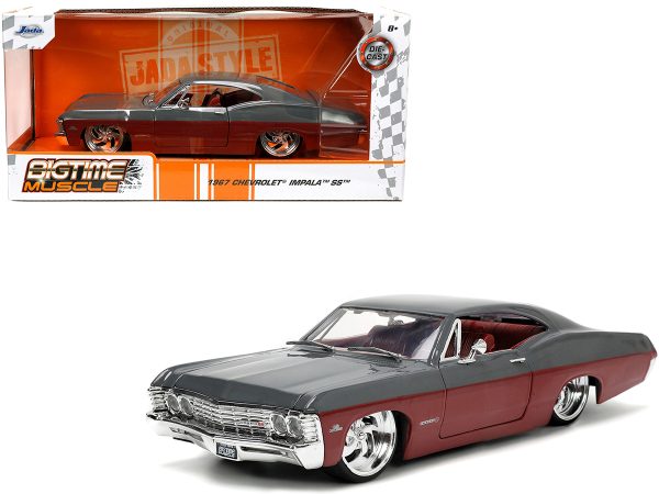 1967 Chevrolet Impala SS Gray and Burgundy with Burgundy Interior "Bigtime Muscle" Series 1/24 Diecast Model Car by Jada - Image 5
