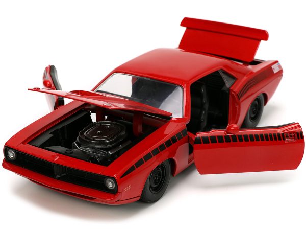 1973 Plymouth Barracuda Red with Black Stripes "Bigtime Muscle" Series 1/24 Diecast Model Car by Jada - Image 3