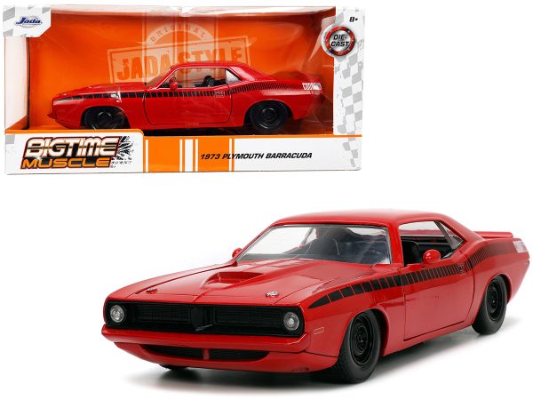 1973 Plymouth Barracuda Red with Black Stripes "Bigtime Muscle" Series 1/24 Diecast Model Car by Jada - Image 5