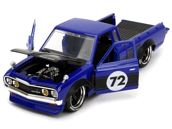 1972 Datsun 620 Pickup Truck #72 Blue Metallic with Black Stripes and Hood "Toyo Tires" with Extra Wheels "Just Trucks" Series 1/24 Diecast Model Car by Jada - Image 2