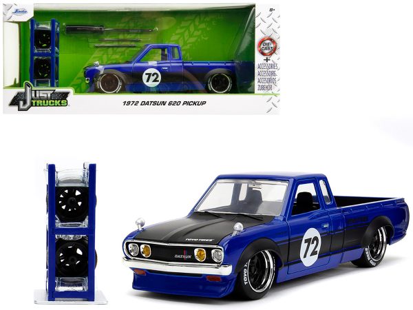 1972 Datsun 620 Pickup Truck #72 Blue Metallic with Black Stripes and Hood "Toyo Tires" with Extra Wheels "Just Trucks" Series 1/24 Diecast Model Car by Jada - Image 5