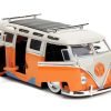 1962 Volkswagen Bus "Santa Monica Surf Club" Orange and White with Graphics with Roof Rack and Surfboard "Punch Buggy" Series 1/24 Diecast Model Car by Jada - Image 2