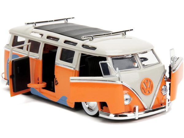 1962 Volkswagen Bus "Santa Monica Surf Club" Orange and White with Graphics with Roof Rack and Surfboard "Punch Buggy" Series 1/24 Diecast Model Car by Jada - Image 2