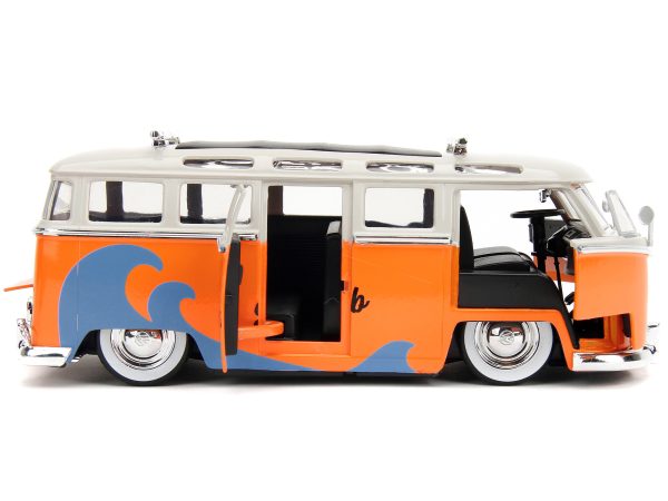 1962 Volkswagen Bus "Santa Monica Surf Club" Orange and White with Graphics with Roof Rack and Surfboard "Punch Buggy" Series 1/24 Diecast Model Car by Jada - Image 5