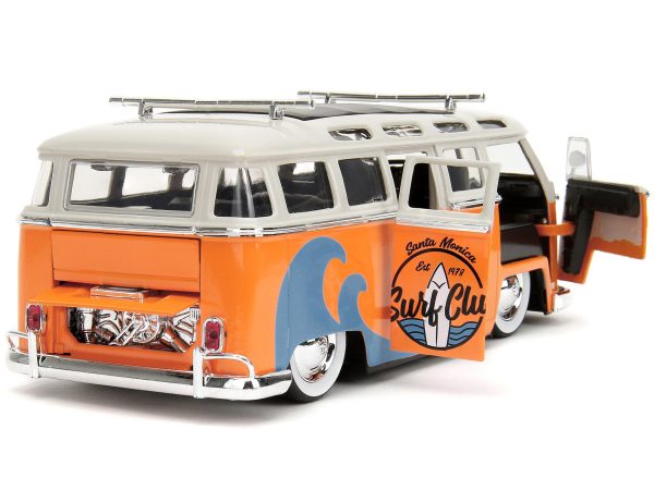 1962 Volkswagen Bus "Santa Monica Surf Club" Orange and White with Graphics with Roof Rack and Surfboard "Punch Buggy" Series 1/24 Diecast Model Car by Jada - Image 4