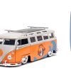 1962 Volkswagen Bus "Santa Monica Surf Club" Orange and White with Graphics with Roof Rack and Surfboard "Punch Buggy" Series 1/24 Diecast Model Car by Jada - Image 3