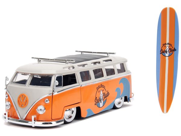 1962 Volkswagen Bus "Santa Monica Surf Club" Orange and White with Graphics with Roof Rack and Surfboard "Punch Buggy" Series 1/24 Diecast Model Car by Jada - Image 3