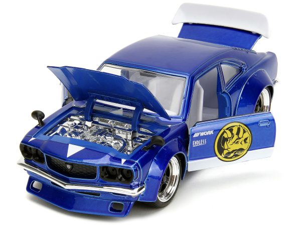 1974 Mazda RX-3 Candy Blue with White Interior and Graphics and Blue Ranger Diecast Figure "Power Rangers" "Hollywood Rides" Series 1/24 Diecast Model Car by Jada - Image 4