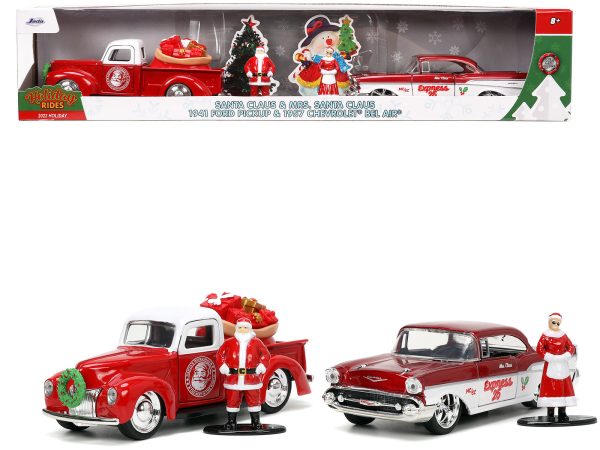 1941 Ford Pickup Truck Red and White "Santa's Workshop" and 1957 Chevrolet Bel Air Red Metallic and White "Express 25" with Mr. and Mrs. Santa Claus Diecast Figures "Holiday Rides" Series 1/32 Diecast Model Cars by Jada - Image 3