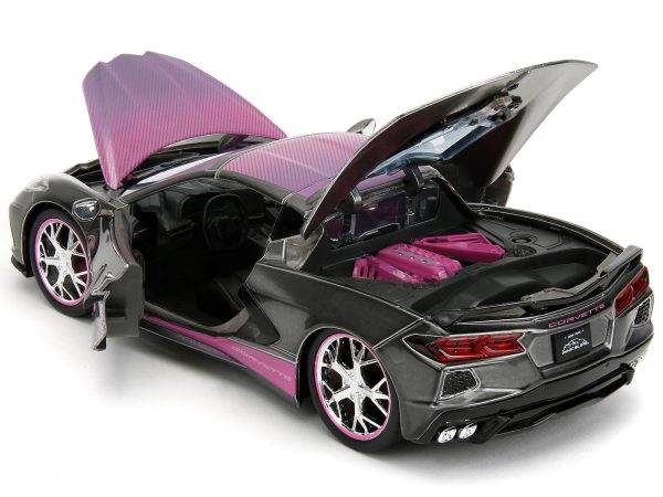 2020 Chevrolet Corvette Stingray Gray Metallic with Pink Carbon Hood and Top "Pink Slips" Series 1/24 Diecast Model Car by Jada - Image 2