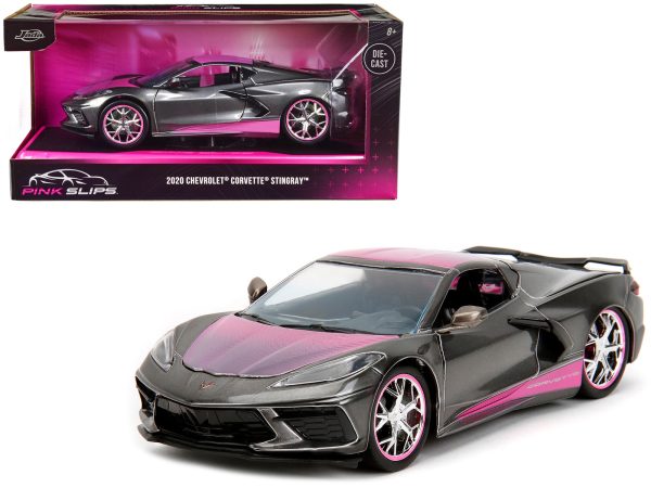 2020 Chevrolet Corvette Stingray Gray Metallic with Pink Carbon Hood and Top "Pink Slips" Series 1/24 Diecast Model Car by Jada - Image 3