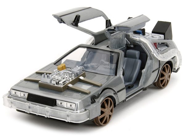 DeLorean Brushed Metal Time Machine (Train Wheel Version) with Lights "Back to the Future Part III" (1990) Movie "Hollywood Rides" Series 1/24 Diecast Model Car by Jada - Image 4
