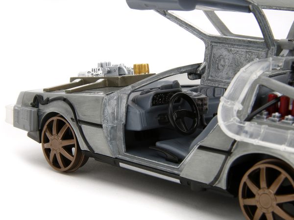 DeLorean Brushed Metal Time Machine (Train Wheel Version) with Lights "Back to the Future Part III" (1990) Movie "Hollywood Rides" Series 1/24 Diecast Model Car by Jada - Image 3