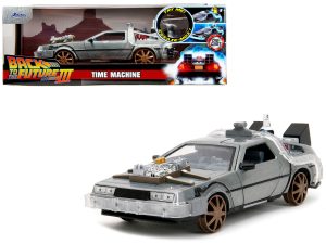 DeLorean Brushed Metal Time Machine (Train Wheel Version) with Lights "Back to the Future Part III" (1990) Movie "Hollywood Rides" Series 1/24 Diecast Model Car by Jada