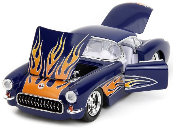 1957 Chevrolet Corvette Dark Blue with Flame Graphics and White Interior "Bigtime Muscle" Series 1/24 Diecast Model Car by Jada - Image 4