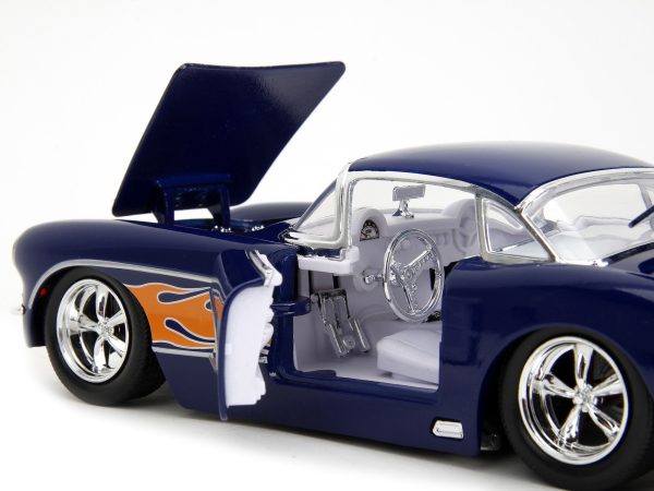 1957 Chevrolet Corvette Dark Blue with Flame Graphics and White Interior "Bigtime Muscle" Series 1/24 Diecast Model Car by Jada - Image 5
