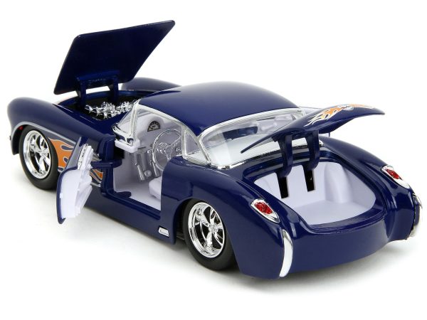 1957 Chevrolet Corvette Dark Blue with Flame Graphics and White Interior "Bigtime Muscle" Series 1/24 Diecast Model Car by Jada - Image 3