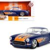 1957 Chevrolet Corvette Dark Blue with Flame Graphics and White Interior "Bigtime Muscle" Series 1/24 Diecast Model Car by Jada