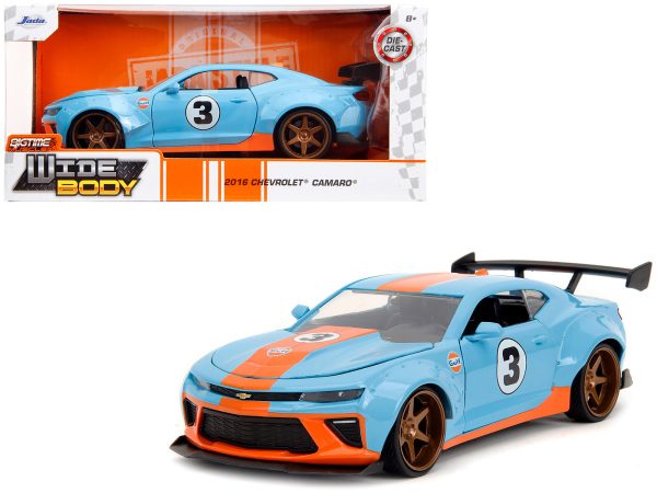 2016 Chevrolet Camaro Widebody #3 Light Blue with Orange Stripes "Gulf Oil" "Wide Body" Series 1/24 Diecast Model Car by Jada - Image 2