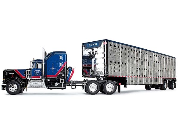 Kenworth W900A Sleeper and Wilson Silverstar Livestock Spread-Axle Trailer Black and Blue with Red Stripes "John Wayne Cattle Co." 1/64 Diecast Model by DCP/First Gear - Image 2