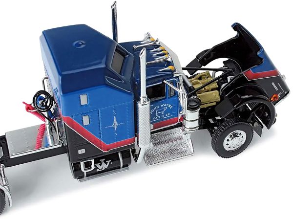 Kenworth W900A Sleeper and Wilson Silverstar Livestock Spread-Axle Trailer Black and Blue with Red Stripes "John Wayne Cattle Co." 1/64 Diecast Model by DCP/First Gear - Image 4