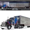 Kenworth W900A Sleeper and Wilson Silverstar Livestock Spread-Axle Trailer Black and Blue with Red Stripes "John Wayne Cattle Co." 1/64 Diecast Model by DCP/First Gear - Image 5
