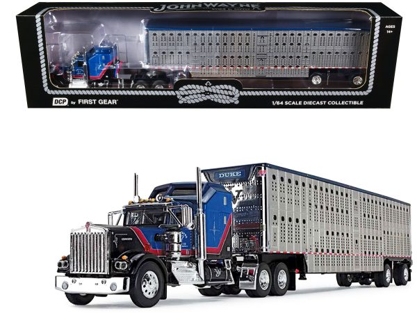 Kenworth W900A Sleeper and Wilson Silverstar Livestock Spread-Axle Trailer Black and Blue with Red Stripes "John Wayne Cattle Co." 1/64 Diecast Model by DCP/First Gear - Image 5