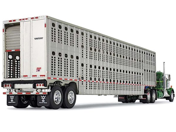 Kenworth W900A Day Cab and Wilson Silverstar Livestock Tandem-Axle Trailer Neon and Dark Green 1/64 Diecast Model by DCP/First Gear - Image 2