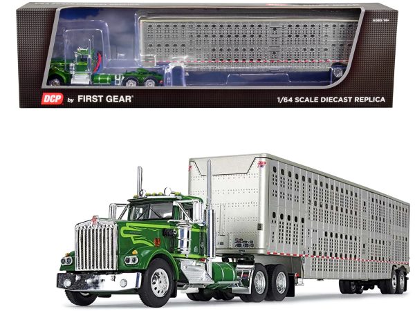 Kenworth W900A Day Cab and Wilson Silverstar Livestock Tandem-Axle Trailer Neon and Dark Green 1/64 Diecast Model by DCP/First Gear - Image 3