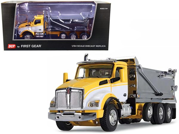 Kenworth T880 Day Cab with Rogue Transfer Dump Body Truck Yellow with White and Chrome 1/64 Diecast Model by DCP/First Gear - Image 4