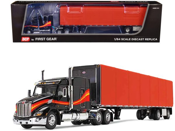 Peterbilt 579 with 72" Mid-Roof Sleeper and 53' Utility RollTarp Trailer Black and Red 1/64 Diecast Model by DCP/First Gear - Image 2
