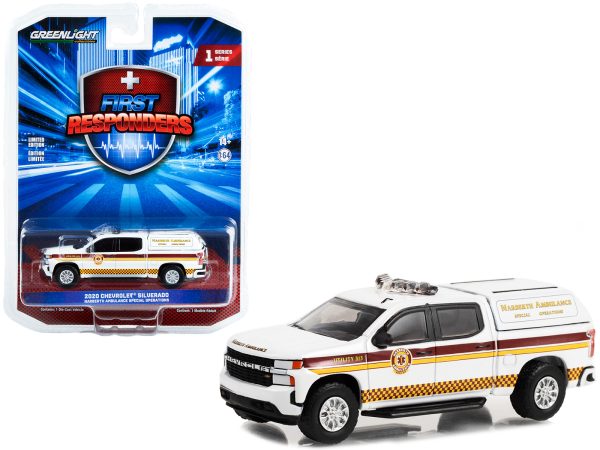 2020 Chevrolet Silverado Pickup Truck with Camper Shell White with Stripes "Narberth Ambulance Special Operations Narberth Pennsylvania" "First Responders" Series 1 1/64 Diecast Model Car by Greenlight